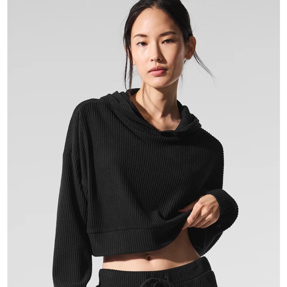 ALO Yoga Tops - Alo Muse Black Ribbed Cropped Hoodie